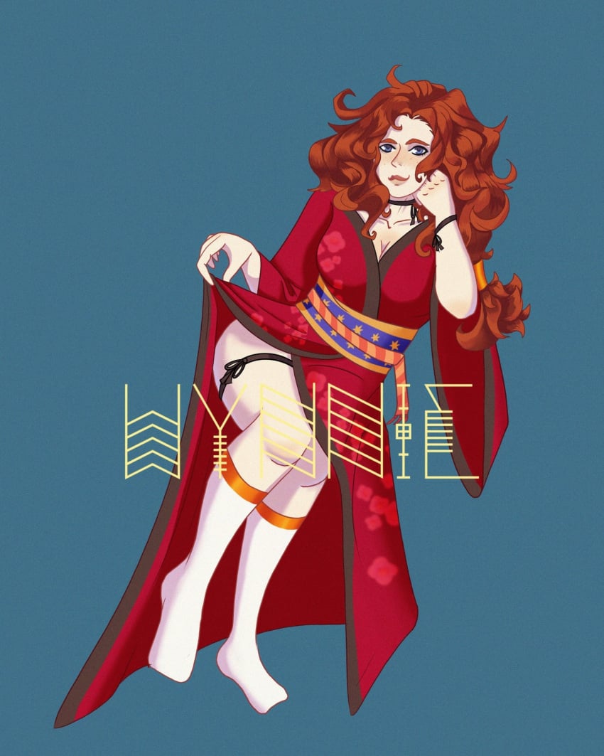 blue_eyes dress_lift ginger ginger_hair killmeandrejoice kneehigh_socks kneehighs long_hair portia_devorak red_hair skirt_lift the_arcana the_arcana_game