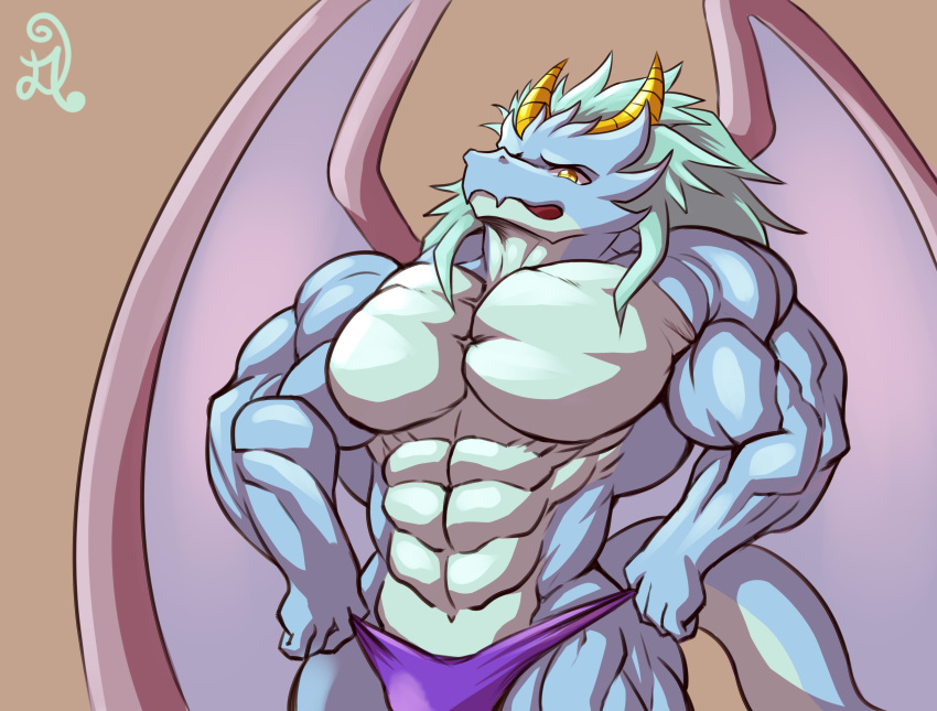 abs beefy beefy_boy biceps big_muscles cyan_body d.angelo dragon green_hair hair horns long_hair male muscles muscular muscular_anthro muscular_arms muscular_male pecs penis speedo wings yellow_eyes