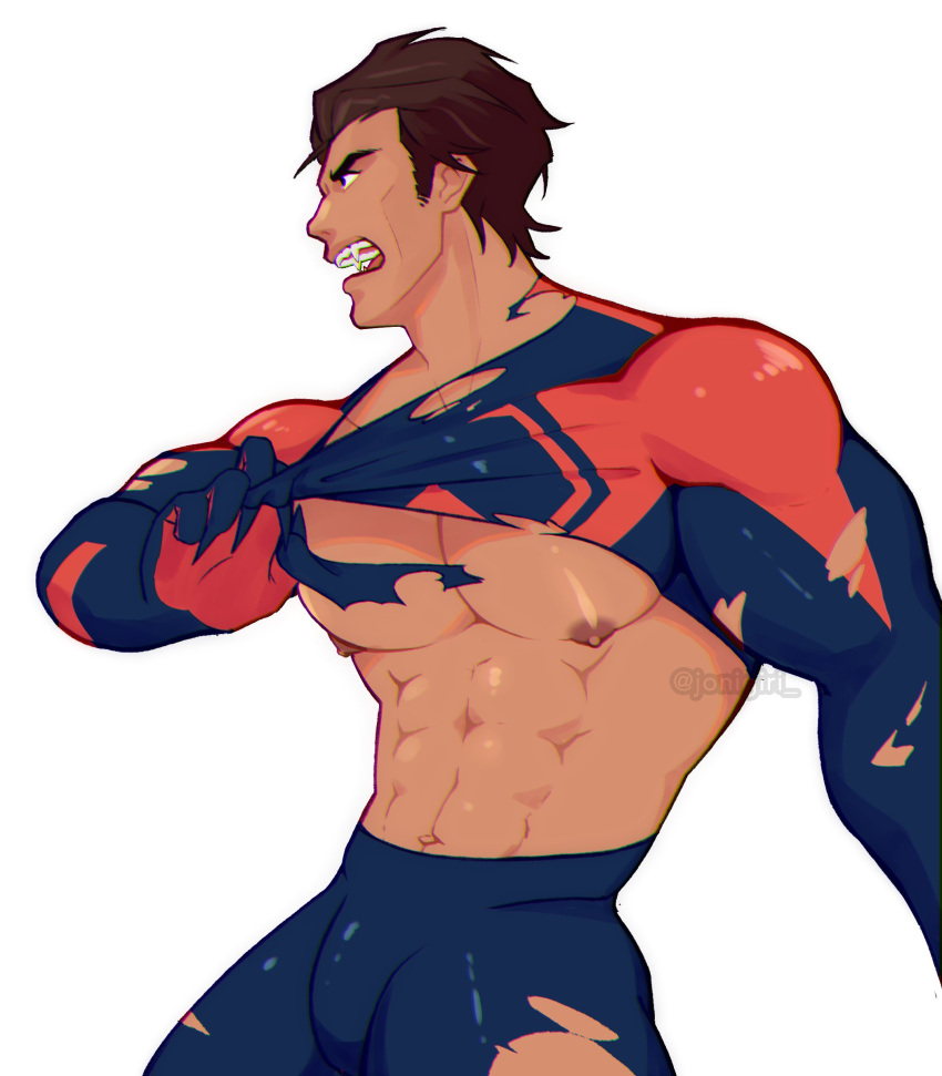 1boy abs bara_tiddies bara_tits big_pecs brown_hair bulge fangs flaccid gay hero_suit jonigiri male male_nipples male_only marvel miguel_o&#039;hara ripped_clothing ripping_clothing solo spider-man:_across_the_spider-verse spider-man_2099 tiny_waist underpec