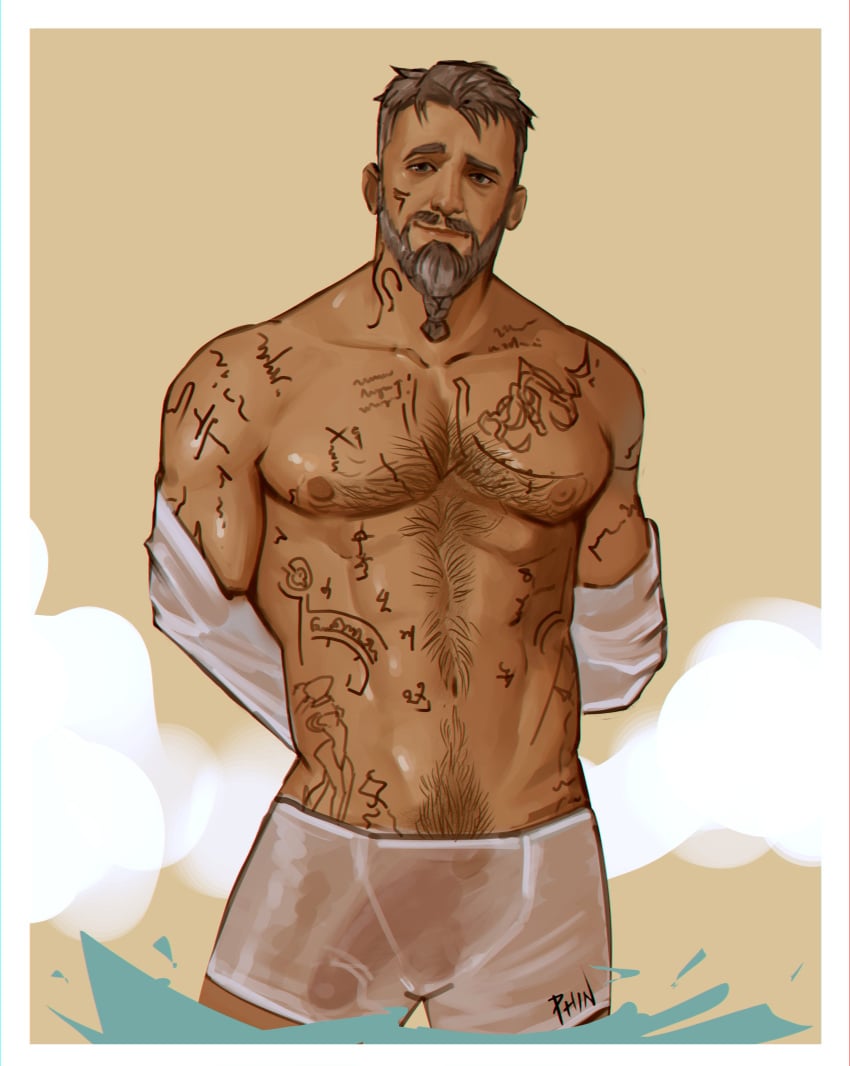 1boy 2023 abs armpit_hair balls bara barazoku beard biceps big_bulge bulge bulge_through_clothing clothing daddy dbd dead_by_daylight facial_hair gay hairy hairy_chest half-erect hi_res highres huge_bulge looking_at_viewer male male_focus male_only male_pubic_hair manly muscles muscular muscular_arms muscular_male nipples nude penis penis_outline phindraws solo solo_male taking_clothes_off tattoo underwear vittorio_toscano