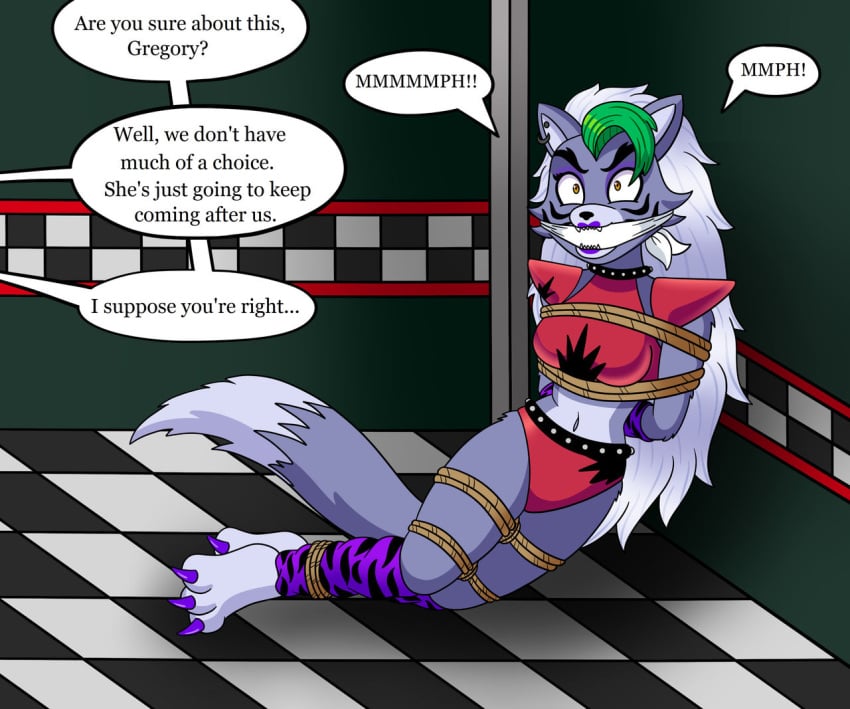 3_toes angry anthro bondage cleave_gag english_text five_nights_at_freddy's five_nights_at_freddy's:_security_breach fullmetalpanicattack kidnapped on_floor rope rope_tie roxanne_wolf_(fnaf) text tied_up wolf