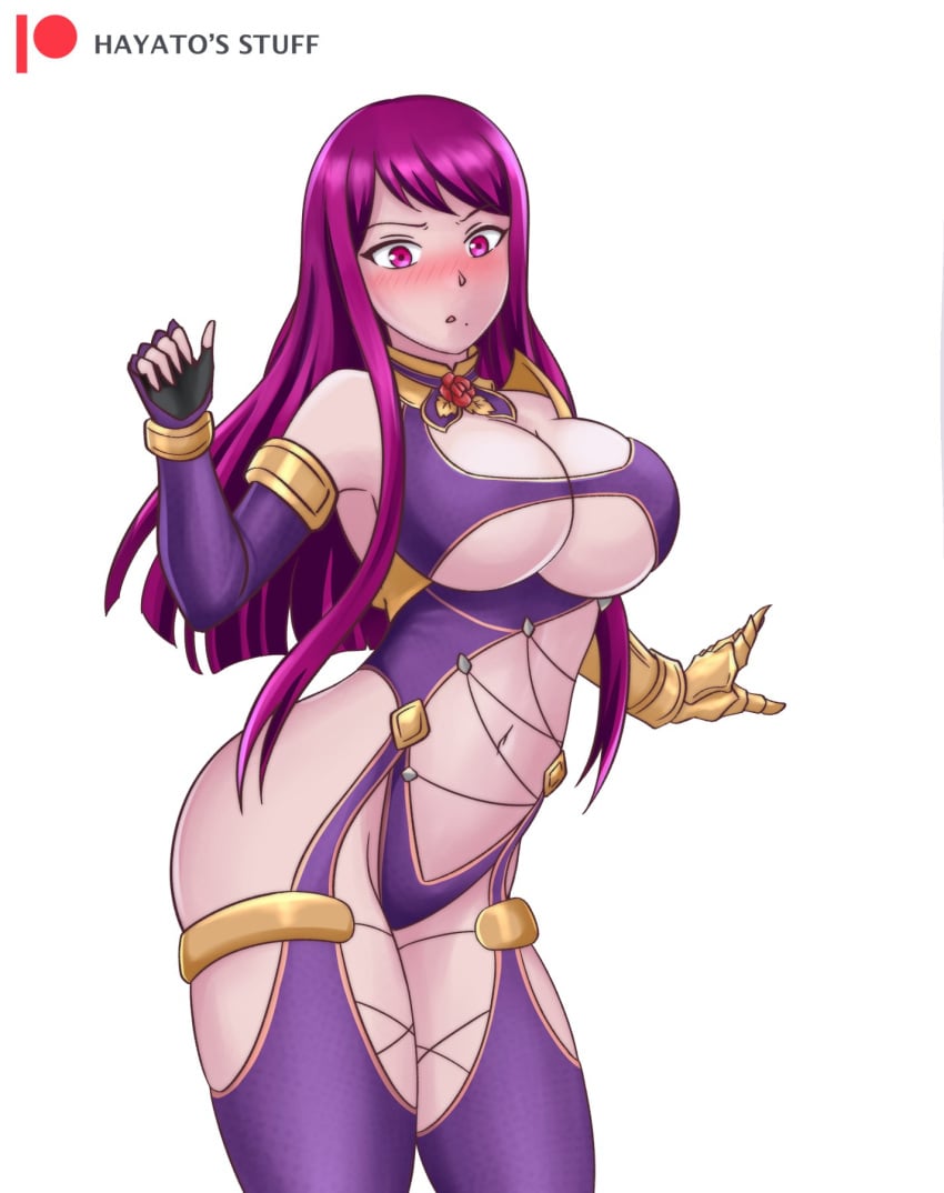 1girls alternate_costume belly blush breasts cleavage cosplay embarrassed fire_emblem fire_emblem_engage gloves hayato_stuff isabella_valentine_(cosplay) ivy_(fire_emblem) large_breasts navel nintendo purple_eyes purple_hair revealing_clothes soul_calibur underboob