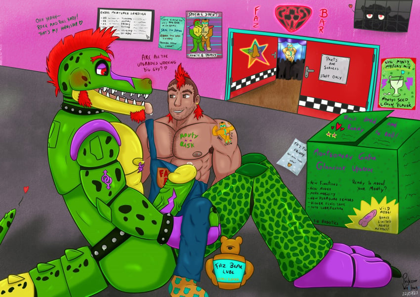 animatronic boner dialogue_bubble engineer erection five_nights_at_freddy's five_nights_at_freddy's:_security_breach flirting hard_on human human_on_robot interspecies male male_only montgomery_gator_(fnaf) profwolfang robot