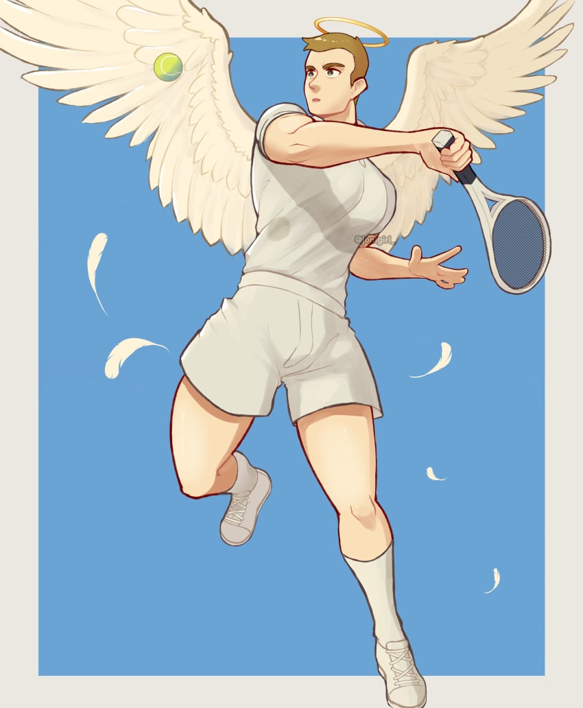 all_saints_street angel angel_wings blonde_hair clothed clothed_male flying fully_clothed halo jonigiri lynn_angel male male_only shorts solo tennis tennis_ball tennis_racket tennis_uniform