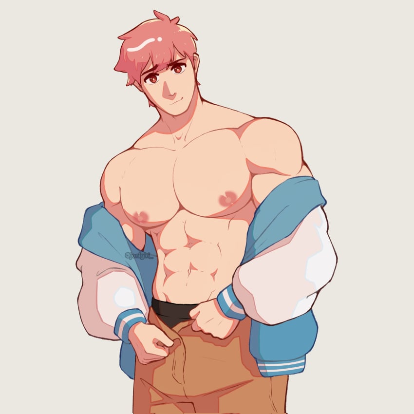 abs bara_tiddies bara_tits big_pecs cute_face jacket jonigiri looking_at_viewer male male_nipples male_only muscular_male original_character pink_hair pov red_eyes smiling_at_viewer solo unbuttoning underwear unzipping_pants varsity_jacket