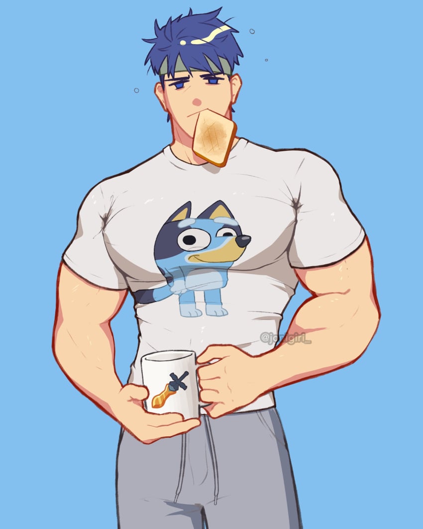 big_pecs blue_eyes blue_hair bluey_(series) breakfast clothed_male fire_emblem fire_emblem:_path_of_radiance fire_emblem:_radiant_dawn fully_clothed green_headband holding_mug ike_(fire_emblem) jonigiri male male_only mug muscular_arms muscular_male pajamas pecs pectoral_bulge solo sweatpants tight_shirt tired tired_eyes toast toast_in_mouth waking_up