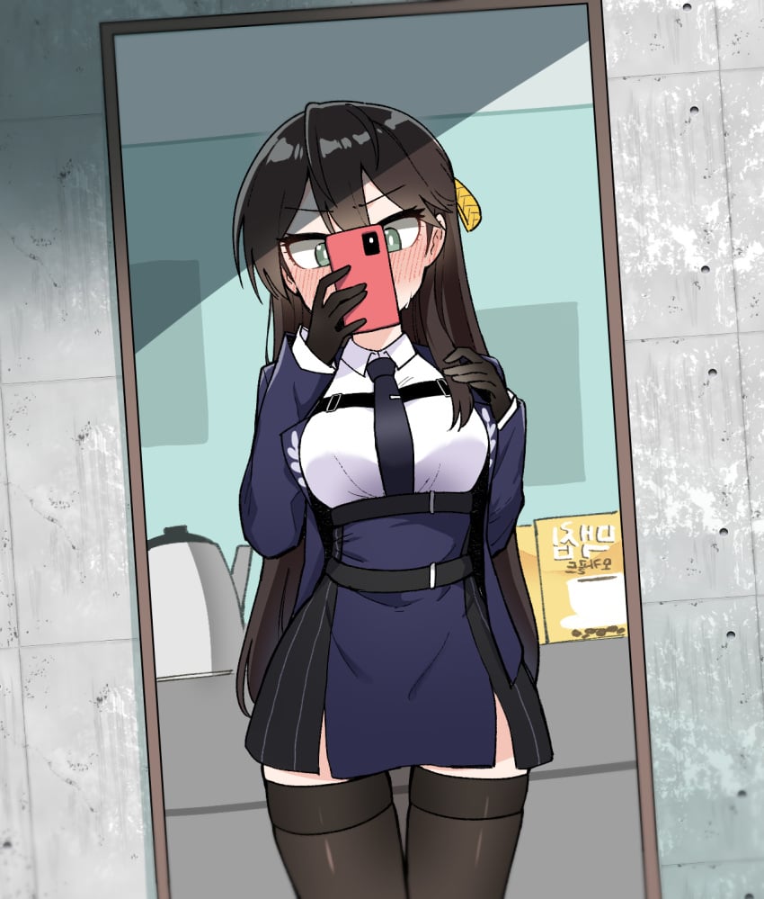 black_hair blush cellphone coffee counter:side female gloves green_eyes highres junsuina_fujunbutsu karin_wong long_hair mirror mirror_reflection mirror_selfie necktie phone selfie smartphone solo thighhighs uniform