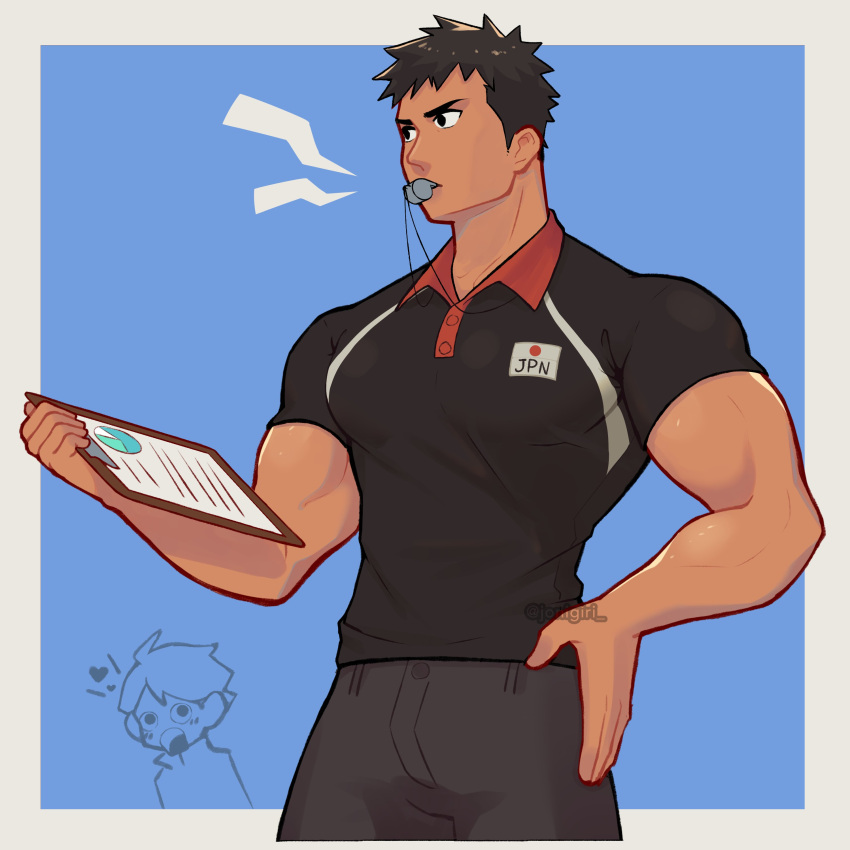 1boy big_pecs black_trousers blowing_whistle brown_skin brown_skinned_male clipboard dark_hair gay haikyuu!! hand_on_hip holding_clipboard iwaizumi_hajime jonigiri male male_only muscular_arms muscular_male oikawa_tooru_(haikyuu!!) pectoral_bulge polo_shirt trousers whistle whistle_around_neck whistle_in_mouth