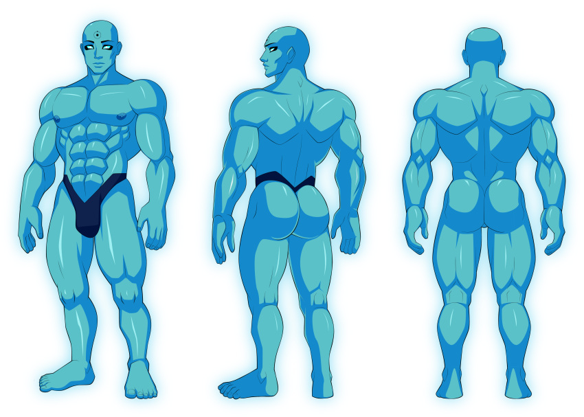 5_toes abs ass back_view big_ass blue_skin bulge character_sheet dc_comics doctor_manhattan glowing male male_only muscle muscular_male naked nipples pecs sparksstars thong