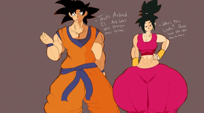 1boy 1girls black_eyes black_hair dragon_ball dragon_ball_super english_text kefla looking_at_viewer melissaalli ponytail smile son_goku standing text thick_thighs universe_6_saiyan/universe_7_saiyan wide_hips