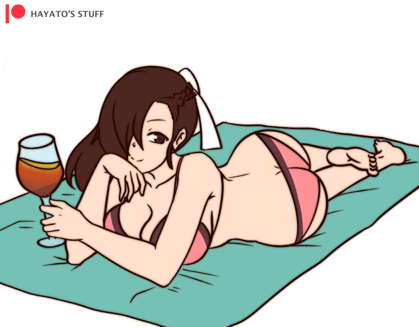 1girls alternate_costume ass ass_cleavage bikini breasts butt_crack cleavage drink drinking feet female female_only fire_emblem fire_emblem_fates hayato_stuff kagero_(fire_emblem) large_breasts laying_down looking_at_viewer nintendo pink_bikini pink_swimsuit pose smile solo the_pose