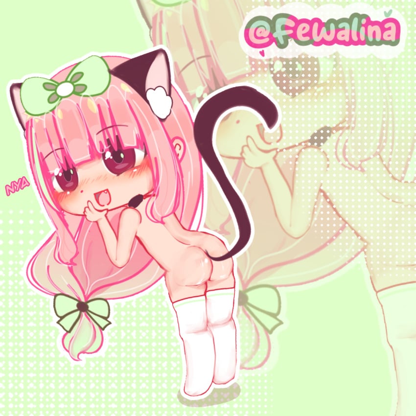 cat_ears cat_tail catgirl dark_eyes gacha gacha_club gacha_heat green_background green_hairtips pink_hair