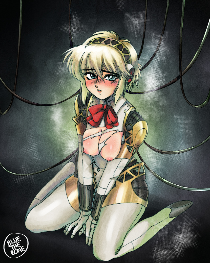 1girls aegis_(persona) aigis_(persona) atlus blonde_hair bluethebone blush bowtie breasts breasts_out exposed_breasts female female_only ghost_in_the_shell headband homage kneeling looking_at_viewer on_ground on_hands_and_knees on_knees persona persona_3 retro_artstyle ripped_clothing robot robot_girl sega shin_megami_tensei solo wire wires