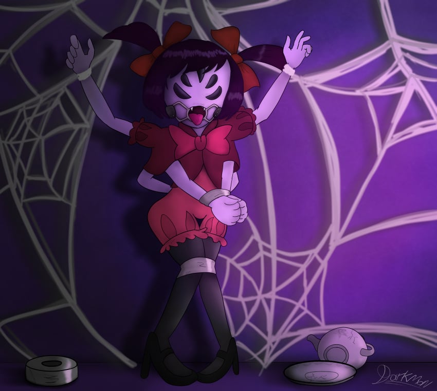 2d 2d_(artwork) 2d_artwork against_wall angry angry_expression arms_tied bondage color darkman-zero muffet spider_gag spider_girl tagme undertale undertale_(series) webs