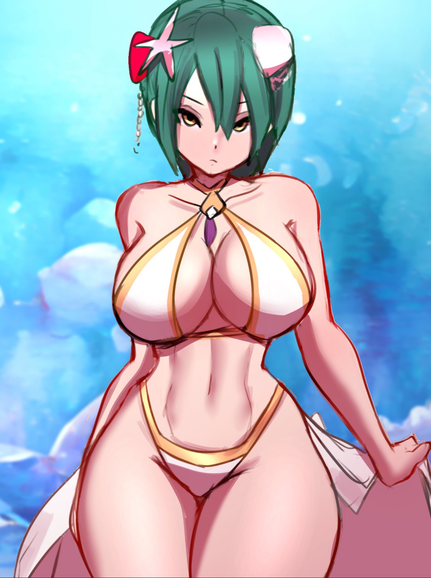 1girls alternate_costume bare_shoulders bikini breasts closed_mouth female female female_only fire_emblem fire_emblem_heroes gold_trim green_hair hair_between_eyes highres jaxartdump jaxdrawz large_breasts looking_at_viewer midriff navel nintendo official_alternate_costume outdoors solo swimsuit thick_thighs thighs thorr_(fire_emblem) thorr_(summer)_(fire_emblem) white_bikini white_swimsuit yellow_eyes