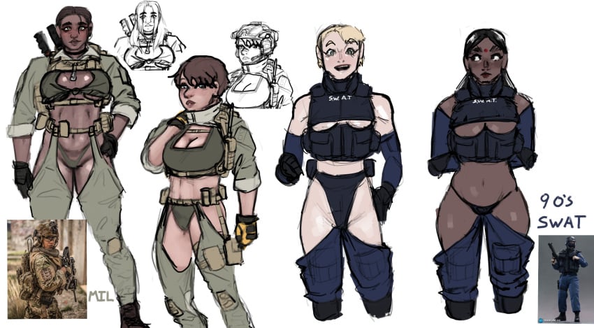 ashley_(mellomi) bindi chubby chubby_female clothing dark-skinned_female dark_skin indian indian_female light-skinned_female mellomi military military_uniform pale_skin police police_uniform policewoman revealing_clothes sex_worker short_hair shortstack tactical tactical_gear thick_thighs tomboy