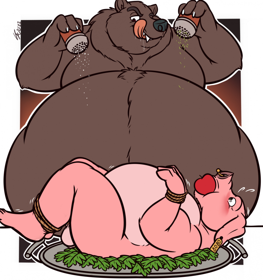 2boys anthro apple_gag apple_in_mouth arms_tied bear bound cooking cooking_with_furs cookware digital_media_(artwork) domestic_pig duo ear_tag fat fat_man food food_fetish food_gag food_insertion food_play frying_pan gag genitals hairycub hans_(hairypigcub) hi_res imminent_vore kitchen_utensils legs_tied licking licking_lips male male/male male_only mammal marsupial multiple_boys obese obese_male overweight overweight_male penis seasoning small_penis suid suina sus_(pig) tanio tongue tongue_out tools