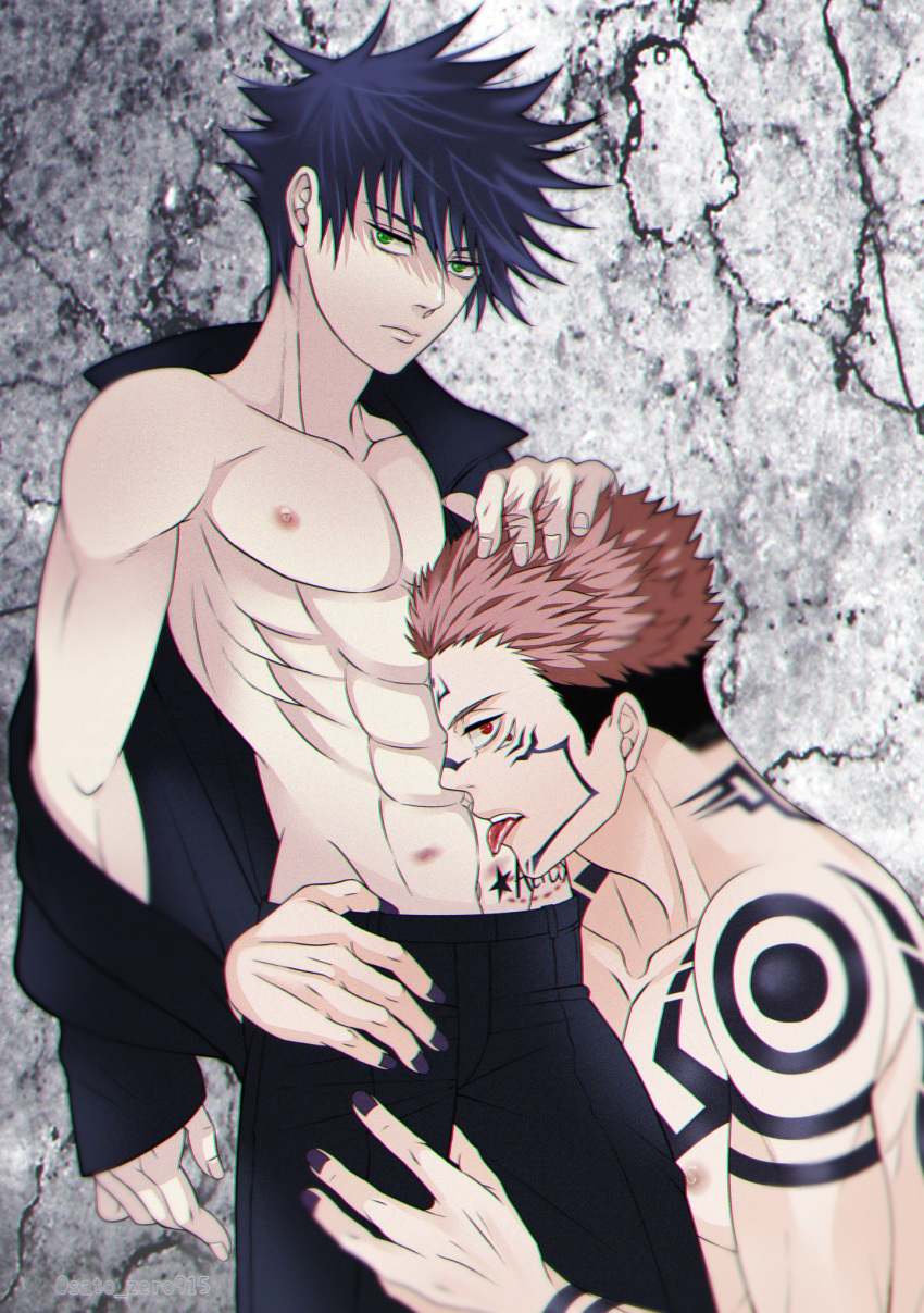 2boys abs arm_tattoo bite_mark black_hair black_jacket black_nails black_pants chest_tattoo collarbone facial_tattoo fushiguro_megumi gay green_eyes hands_on_another's_thighs hickey jacket jujutsu_kaisen licking male male_focus male_only multi_eye multiple_boys navel nipples open_clothes pants pink_hair red_eyes ryoumen_sukuna_(jujutsu_kaisen) sato_zero915 shoulder_tattoo star_tattoo tattoo toned toned_male tongue tongue_out topless_male yaoi