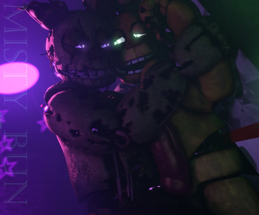 2boys anthro five_nights_at_freddy's five_nights_at_freddy's_3 gay glowing_eyes green_body male male/male male_only misty_bun penis pinned rabbit rabbit_ears rabbit_humanoid spring_bonnie spring_bonnie_(fnaf) springtrap springtrap_(fnaf) submissive_male yellow_body