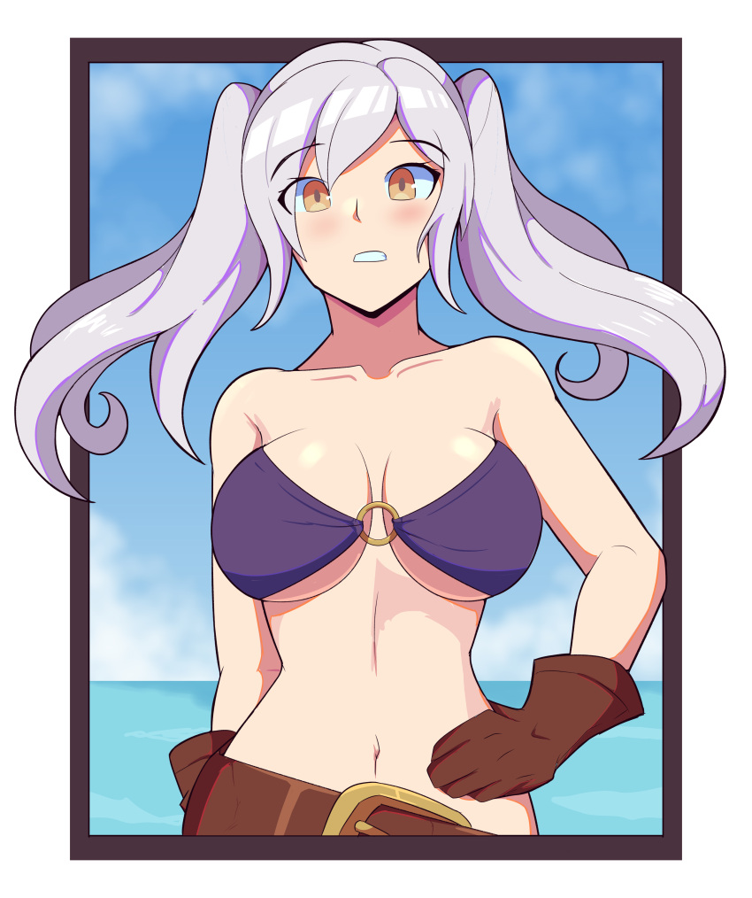 1girls alternate_costume bare_midriff belt bikini breasts clenched_teeth female female_only fire_emblem fire_emblem_awakening fire_emblem_heroes large_breasts medium_hair midriff mrpenguin nintendo o-ring o-ring_bikini ocean official_alternate_costume orange_eyes outdoors purple_bikini purple_swimsuit remake robin_(fire_emblem) robin_(fire_emblem)_(female) solo swimsuit twintails underboob upper_body