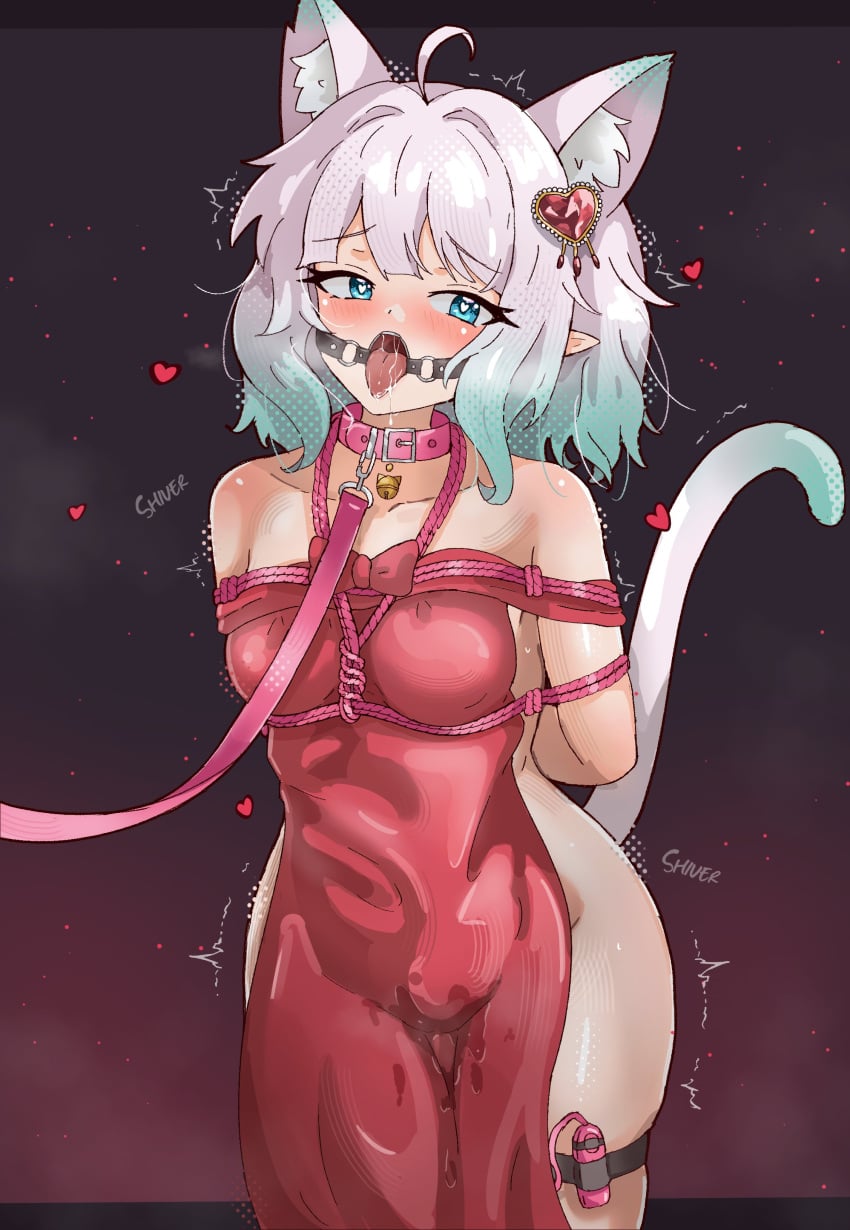 absurdres ahoge alternate_costume animal_ears arms_behind_back bell belt black_background bondage bound cat_ears cat_girl cat_tail ddrawins densetsu.exe dress female gag gradient_background green_eyes green_hair grey_hair hair_ornament heart heart-shaped_pupils heart_hair_ornament highres jingle_bell leash looking_at_viewer mint_fantome multicolored_hair neck_bell pink_belt pink_dress pointy_ears red_background remote_control_vibrator sex_toy shibari_over_clothes solo standing steaming_body symbol-shaped_pupils tail thighhighs tongue tongue_out trembling vibrator vibrator_under_clothes virtual_youtuber white_hair white_thighhighs x-ray x_hair_ornament
