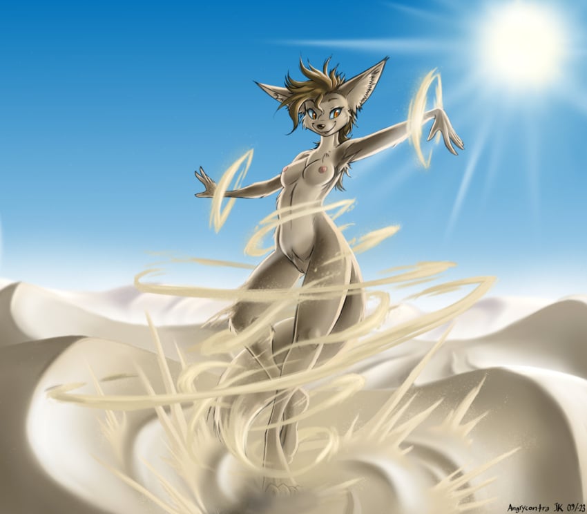 amber_eyes angrycontra animal_humanoid anthro breasts canid canid_humanoid canine canine_humanoid dancer_girl dancing dancing_girl desert desert_background desert_beauty elemental_creature exposed_breasts female fennec fennec_humanoid fox fox_humanoid fur genitals hair hi_res humanoid inner_ear_fluff light looking_at_viewer mammal mammal_humanoid nipples nude pinup pose pussy sand sandstorm sky smile solo sunlight tail tuft