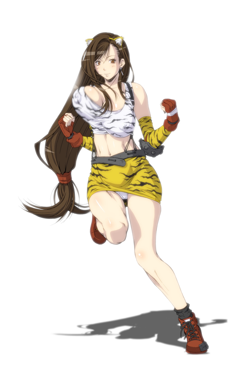 animal_ears bare_shoulders belt boots bouncing_breasts breasts brown_hair clothes earrings elbow_gloves erect_nipples female female_only final_fantasy final_fantasy_vii fingerless_gloves footwear fumizuki_misoka gloves hair highres human jewelry large_breasts long_hair midriff panties pantyshot skirt smooth_skin solo suspenders tank_top tifa_lockhart tiger_ears tiger_print underwear upskirt white_panties