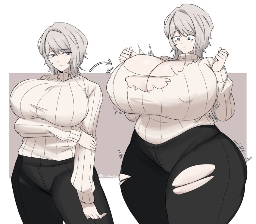 1girls blue_eyes breast_expansion breasts breasts_bigger_than_head commission emmarrgus faust_(limbus_company) female growth huge_breasts inconvenient_breasts limbus_company project_moon surprised sweater thigh_expansion torn_clothes turtleneck turtleneck_sweater white_hair