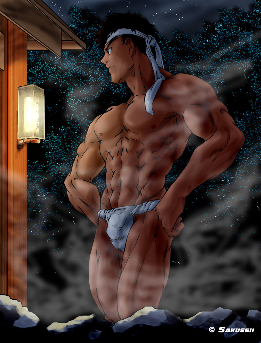 1boy abs brown_hair bulge capcom cyberbots dark-skinned_male dark_skin eight_pack fundoshi fundoshi_only half-dressed half_dressed half_nude hands_on_hips headband highres hot_spring human human_only jin_saotome looking_away male male_only muscles muscular muscular_male night nipples onsen penis_in_underwear penis_line pose posing sakuseii sauna six_pack solo toned toned_male underwear video_games white_underwear