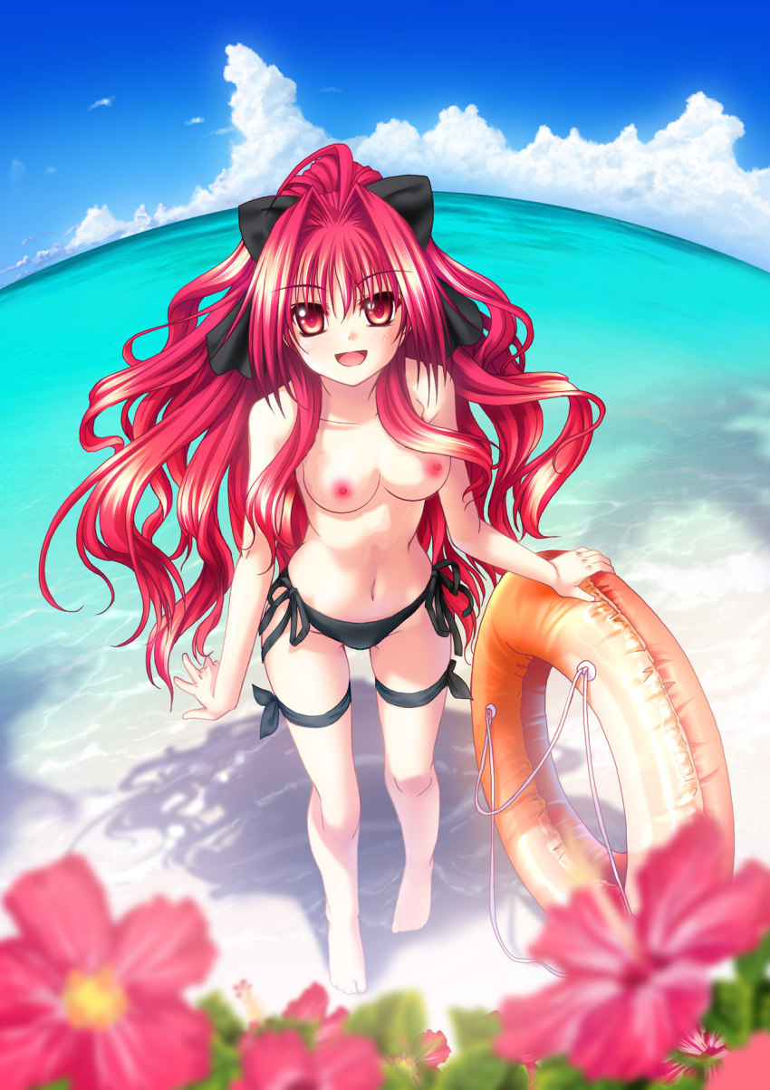 beach bikini corticarte_apa_lagranges high_res long_hair mizugi nipples nude_filter ocean oppai photoshop red_eyes red_hair ribbon shinkyoku_soukai_polyphonica side-tie_bikini sky topless water