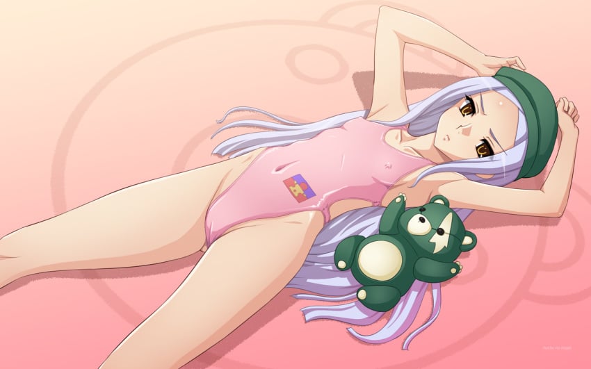 armpits cabbie_hat cameltoe competition_swimsuit erect_nipples flat_chest gundam gundam_00 hat lavender_hair lying one-piece_swimsuit soma_peries stuffed_animal stuffed_toy swimsuit tadano_akira teddy_bear wallpaper