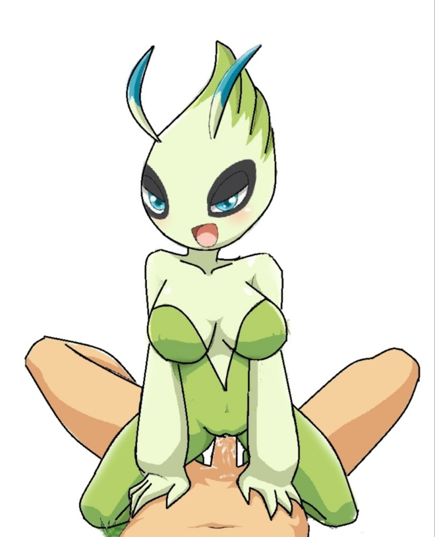 1boy 1girls anthro big_penis blue_eyes breasts celebi cowgirl cowgirl_position cum female green_hair green_skin male nintendo nipples orifice penetration penis pokemon pokemon_(species) pornography pussy sex small straight thick_thighs vaginal