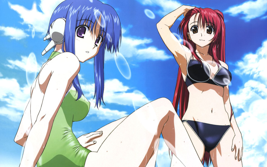 2girls arm_up armpits back bikini blue_hair blush breasts brown_eyes cleavage cloud high_res highres ilfa_(to_heart) kousaka_tamaki lens_flare long_hair looking_back medium_breasts megami mizugi multiple_girls navel one-piece_swimsuit outdoors pinup purple_eyes red_hair robot_ears sitting sky smile swimsuit to_heart_(series) to_heart_2 very_long_hair wallpaper wet widescreen yanagisawa_masahide