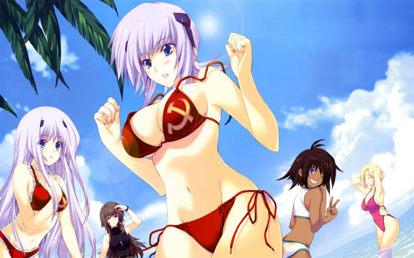 beach blonde_hair blue_eyes cloud communism cryska_barchenowa dark_skin flag_bikini hammer_and_sickle high_resolution iizuki_tasuku inia_sestina long_hair mizugi muv-luv muv-luv_alternative muv-luv_alternative_-_total_eclipse purple_hair short_hair side-tie_bikini sky soviet soviet_flag stella_bremer swimsuit takamura_yui tan tanned tarisa_manandal wallpaper water