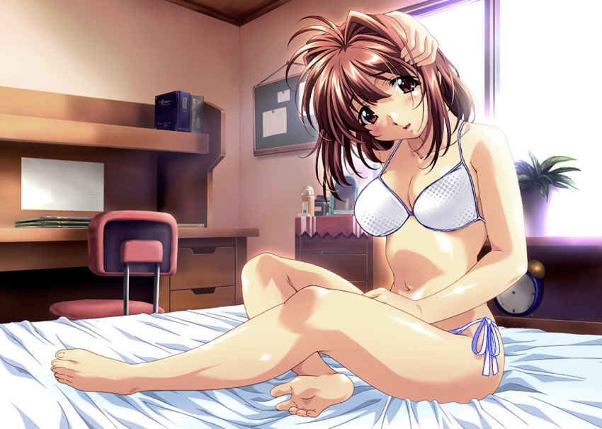 bed bikini blush breasts brown_hair chair cleavage clock desk feet hand_on_head head_tilt kawai_rie lovers_(game) mizugi photoshop red_eyes short_hair side-tie_bikini sitting smile swimsuit taki_minashika white_bikini window