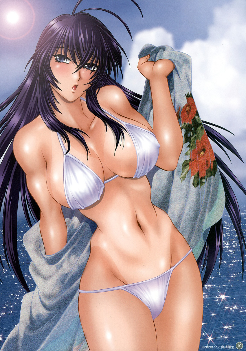 bikini blue_eyes breasts dark_skin fanbook highres ikkitousen ikkitousen_dragon_destiny kan'u_unchou kanu_unchou manabe_jouji mizugi muscle official_fanbook open_mouth page_10 page_number purple_hair scan swimsuit tanlines tanned toned toranoana towel