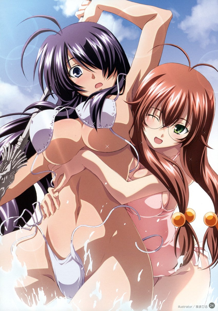 2girls antenna_hair armpits artbook assisted_exposure bangs belly bikini bikini_malfunction black_hair blue_eyes blush breast_slip breasts brown_hair duplicate fanbook female glasses grab green_eyes hair_over_eyes highres hug ikkitousen ikkitousen_dragon_destiny izumi_mahiru kan'u_unchou kanu_unchou long_hair low-tied_long_hair megane mizugi multiple_girls navel official_fanbook open_mouth oppai ryuubi_gentoku scan shitapai side-tie_bikini smile swimsuit toranoana untied wardrobe_malfunction water wet wide_hips wink yuri