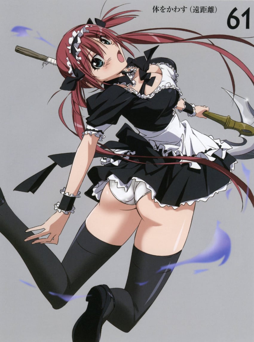 airi breasts cleavage highres maid queen's_blade red_hair scan scythe takamura_kazuhiro thighhighs zettai_ryouiki