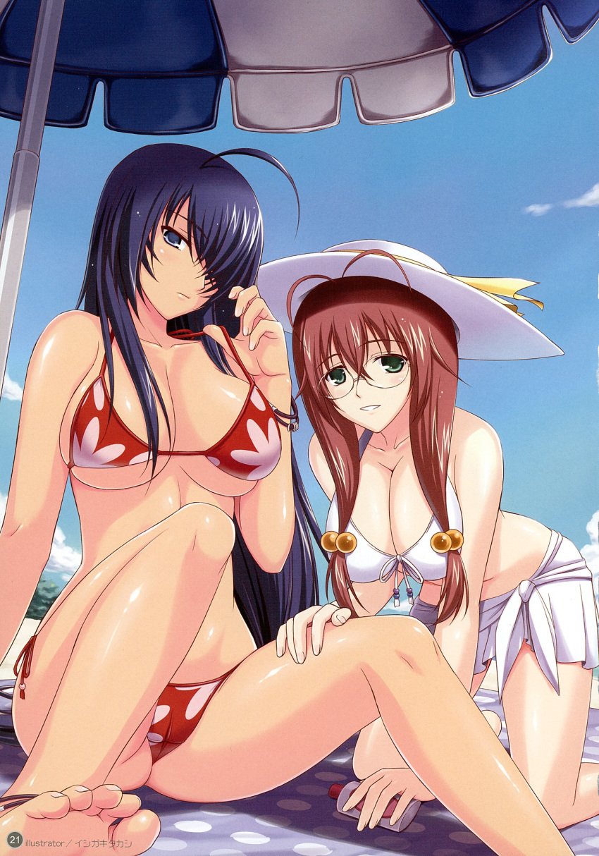 ahoge antenna_hair artbook barefoot bent_over bikini blue_eyes blue_hair bracelet breasts brown_hair cleavage fanbook feet glasses green_eyes hair_bobbles hair_ornament hair_over_one_eyes hat highres ikkitousen ishigaki_takashi jewelry kanu_unchou large_breasts long_hair lotion low-tied_long_hair mizugi multiple_girls official_fanbook ryuubi_gentoku sarong scan sitting spread_legs swimsuit toes toranoana umbrella underboob very_long_hair