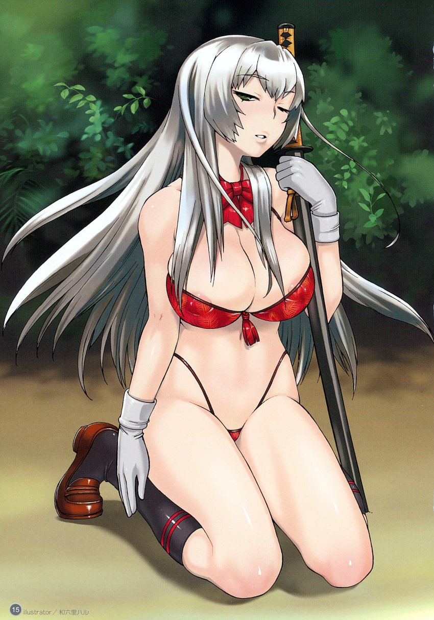 artbook bikini bow breasts chouun_shiryuu cleavage erect_nipples fanbook gloves green_eyes highleg highleg_bikini highleg_swimsuit highres ikkitousen ikkitousen_dragon_destiny kneehighs kneeling large_breasts long_hair mizugi naughty_face official_fanbook scan silver_hair socks swimsuit sword toranoana wamusato_haru weapon wink