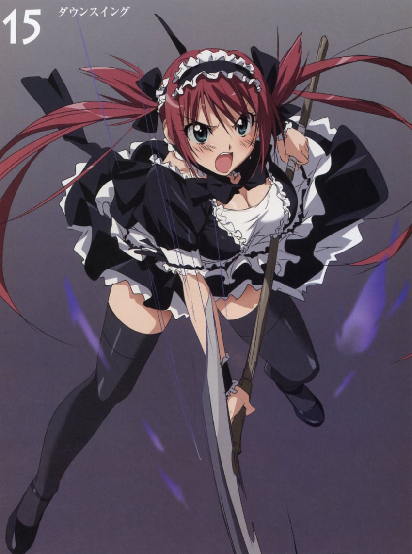 airi highres maid queen's_blade red_hair scan scythe takamura_kazuhiro thighhighs zettai_ryouiki