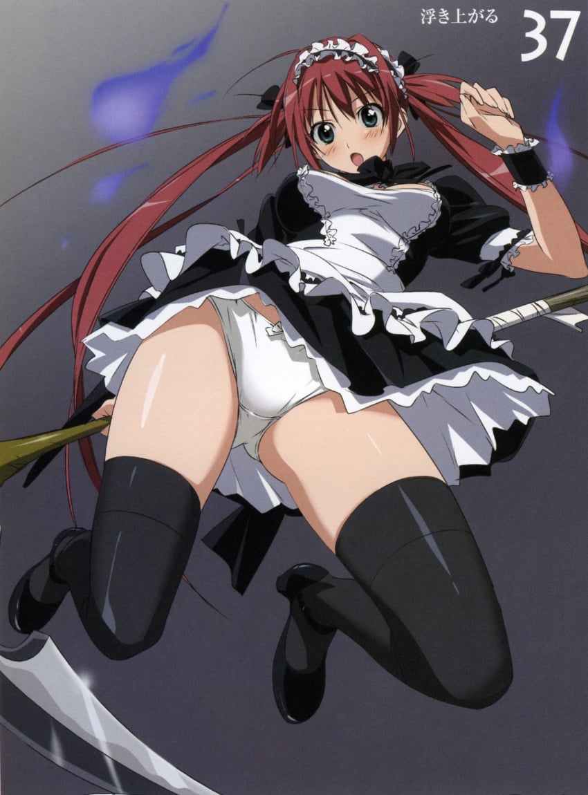 airi high_resolution maid panties pantyshot queen's_blade red_hair scan scythe takamura_kazuhiro thighhighs underwear zettai_ryouiki