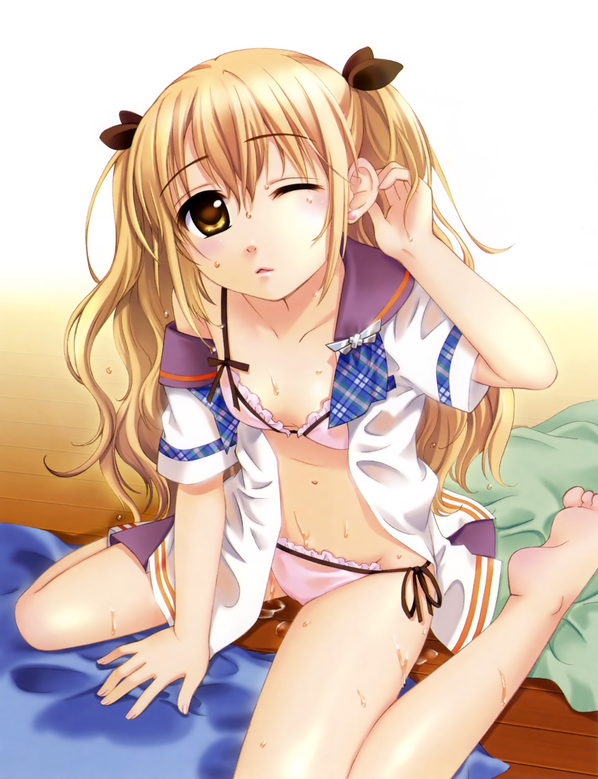 1girls :< barefoot bikini blonde_hair blush breasts feet flat_chest ginta hair_ribbon high_resolution long_hair open_clothes open_shirt ribbon saotome_tsukasa shirt side-tie_bikini sitting soles sugar_+_spice swimsuit toes triangle_mouth wet wink yellow_eyes