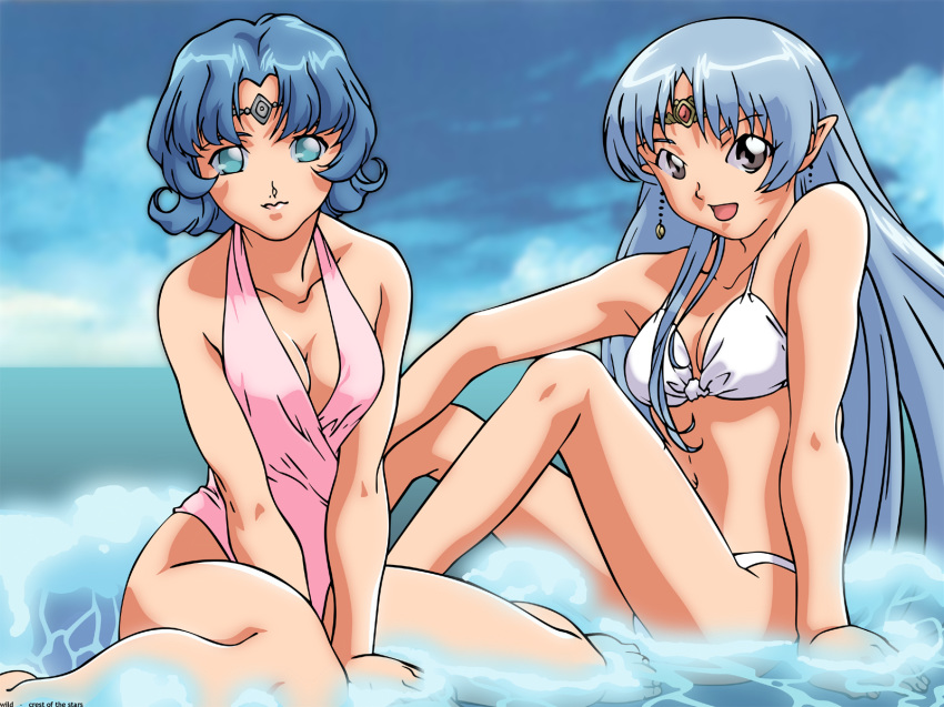 2girls bikini blue_eyes blue_hair breasts casual_one-piece_swimsuit circlet cleavage cloud earrings ekuryua grey_eyes high_resolution jewelry lafiel legs long_hair mizugi multiple_girls ocean one-piece_swimsuit open_mouth outdoors partially_submerged pointy_ears seikai_no_senki short_hair sitting sky smile swimsuit very_long_hair wallpaper water watermark white_bikini