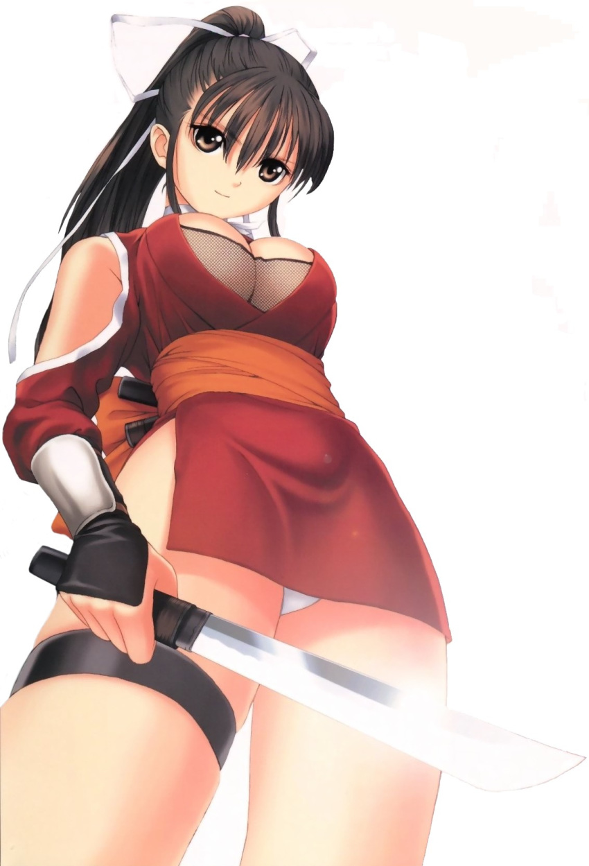 1girls breasts brown_eyes brown_hair china_dress chinese_clothes cleavage clothed female female_only fishnets from_below high_res highres knife large_breasts long_hair mitama_~shinobi~ ninja oppai panchira panties pantyshot ponytail ran_(mitama_~shinobi~) smile solo sword taka_tony thick_thighs thigh_band thigh_strap thighs tied_hair underwear weapon white_panties