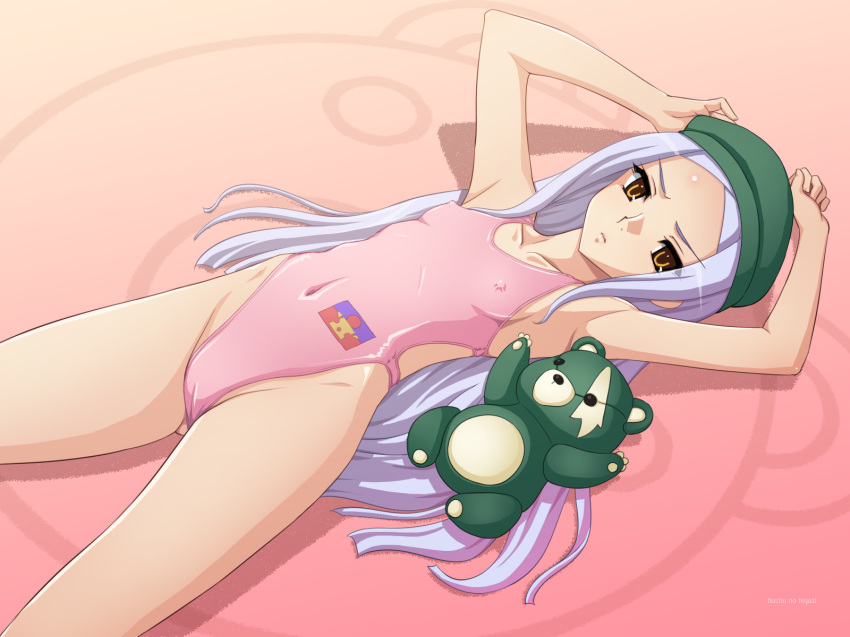 armpits cabbie_hat cameltoe erect_nipples flat_chest gundam gundam_00 hat highres lying one-piece_swimsuit soma_peries stuffed_animal stuffed_toy swimsuit tadano_akira teddy_bear