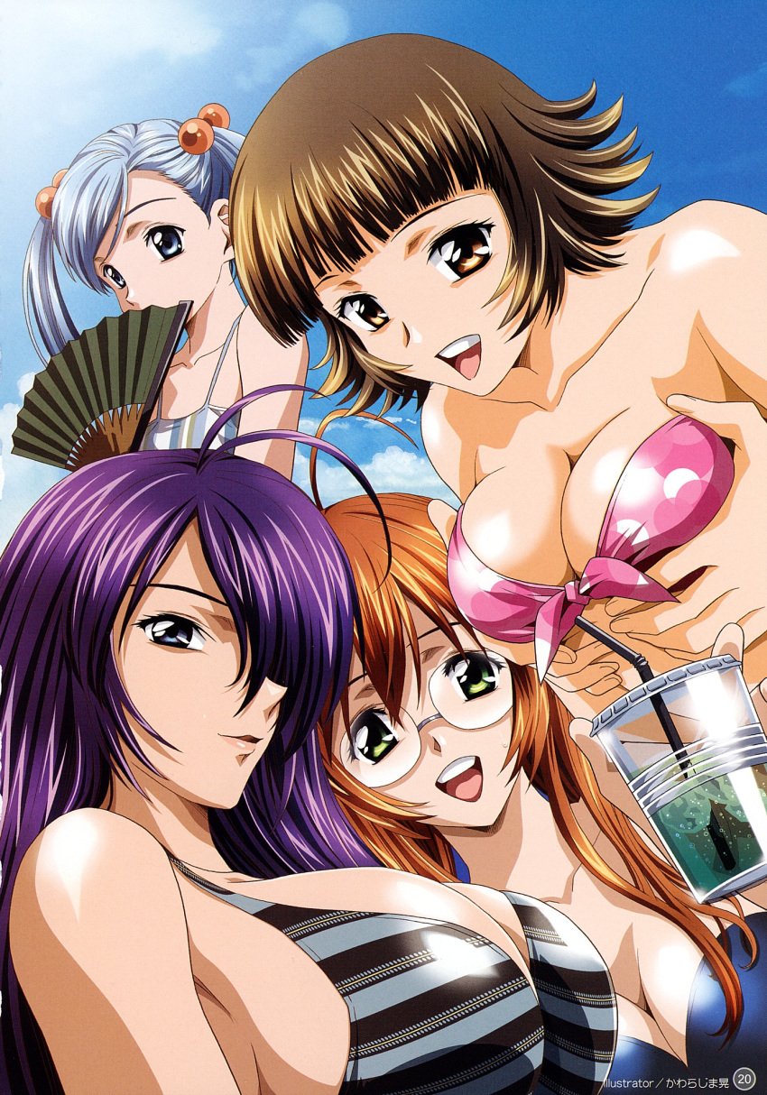 ahoge antenna_hair artbook bikini blue_eyes blue_hair breast_grab breast_squeeze breasts brown_eyes brown_hair chouhi_ekitoku cleavage covered_mouth dutch_angle fan fanbook folding_fan green_eyes hair_bobbles hair_ornament hair_over_one_eyes happy highres huge_breasts ikkitousen ikkitousen_dragon_destiny kan'u_unchou kanu_unchou kawarajima_kou mizugi multiple_girls official_fanbook open_mouth ryuubi_gentoku scan shokatsuryou_koumei short_hair striped striped_bikini striped_swimsuit swimsuit tied_hair twintails