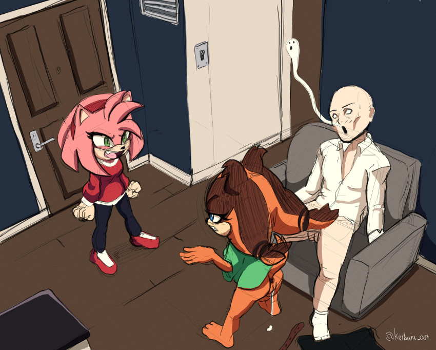 absurd_res after_sex amy_rose angry anthro anus argument badger bald blue_eyes bodily_fluids bottomless bottomless_female brown_hair chair clothed clothing cum cum_drip death_by_snu_snu detailed_background door dripping eulipotyphlan female female_on_human fur furniture genital_fluids genitals ghost green_clothing green_eyes green_shirt green_topwear group hair hedgehog hi_res human human_on_anthro humanoid interspecies kerbaru light_switch male male/female male_on_anthro mammal mustelid musteline orange_body orange_fur pink_body pink_fur pussy red_clothing red_shirt red_topwear sega shirt sonic_(series) sonic_boom sonic_the_hedgehog_(series) spirit sticks_the_badger topwear trio twintails unimpressed