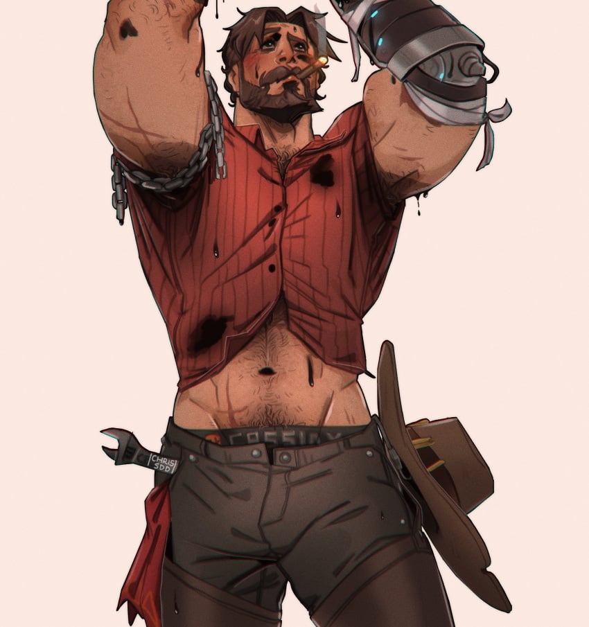 1boy 2022 abs activision armpit_hair bara barazoku beard biceps blush brown_hair chris_sdd clothing cole_cassidy facial_hair gay hairy hairy_arms hairy_chest hi_res highres male male_focus male_only male_pubic_hair manly muscles muscular muscular_arms muscular_male nipples overwatch overwatch_2 solo solo_male underwear