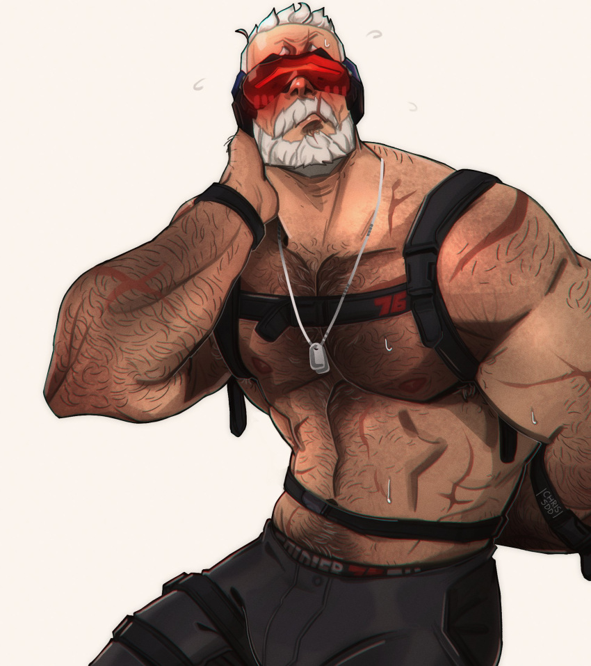 1boy 2022 abs activision bara barazoku beard biceps blush chris_sdd clothing daddy facial_hair gay hairy hairy_arms hairy_chest hi_res highres jack_morrison male male_focus male_only male_pubic_hair manly muscles muscular muscular_arms muscular_male nipples overwatch overwatch_2 scar scars_all_over soldier_76 solo solo_male white_beard